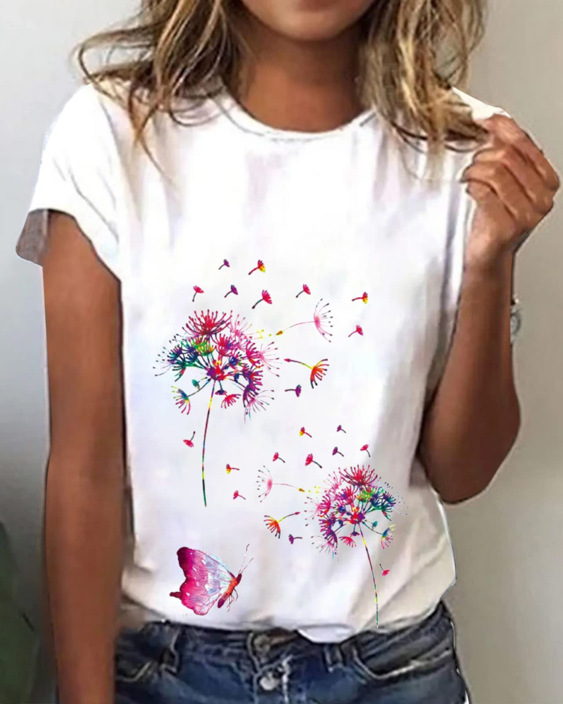 Chloe Women's Summer T-Shirt – Floral Print, Round Neck, Short Sleeves