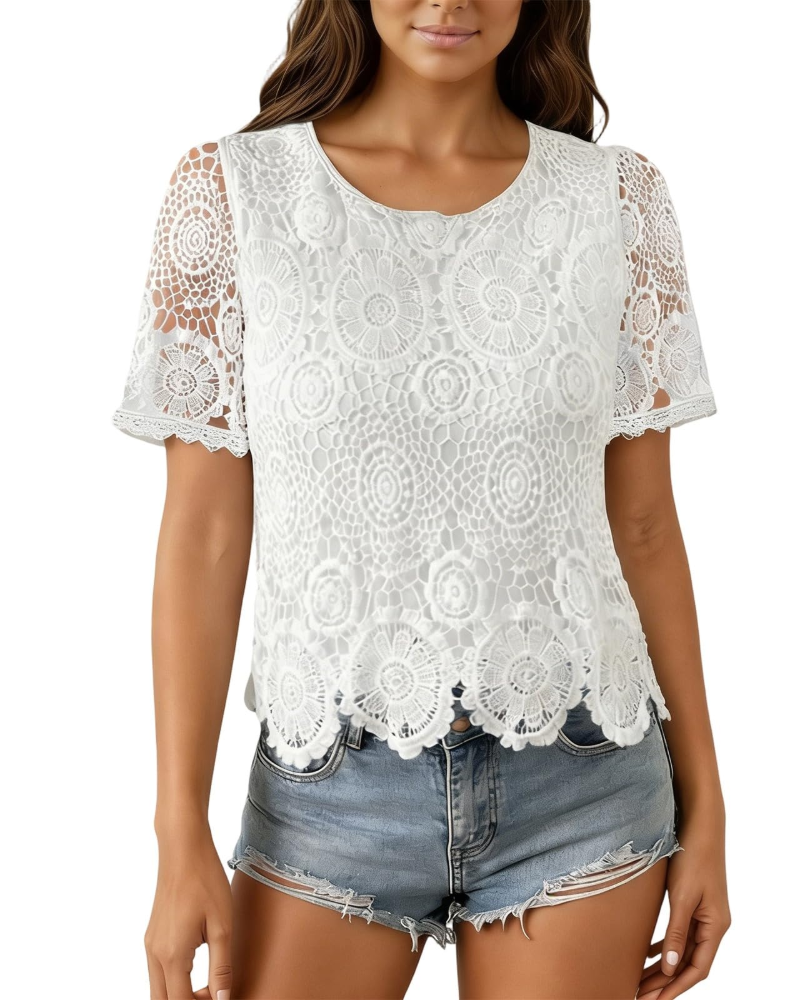 Sophie Bluse Damen Sommer – Spitzen Rundhalsausschnitt Volantärmel