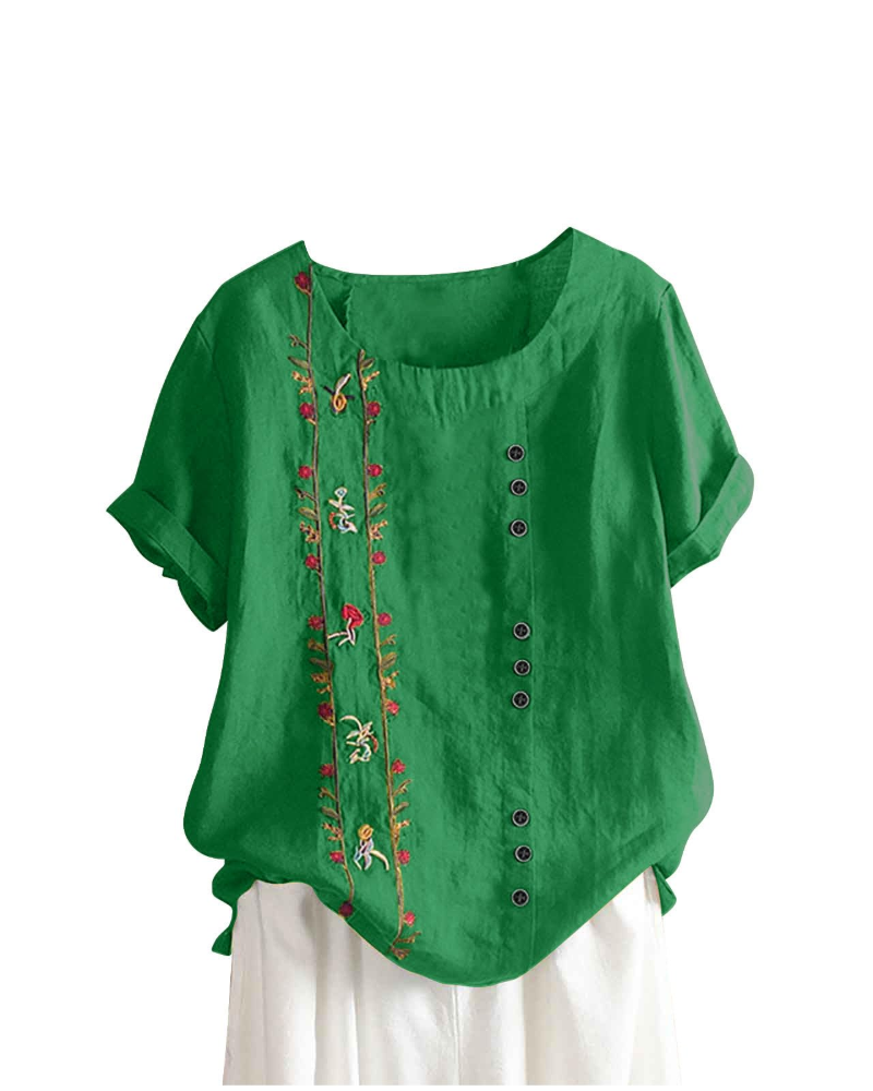 Amelia Chemisier Femme en Lin – Blouse Fleurie Coton & Lin à Manches Courtes
