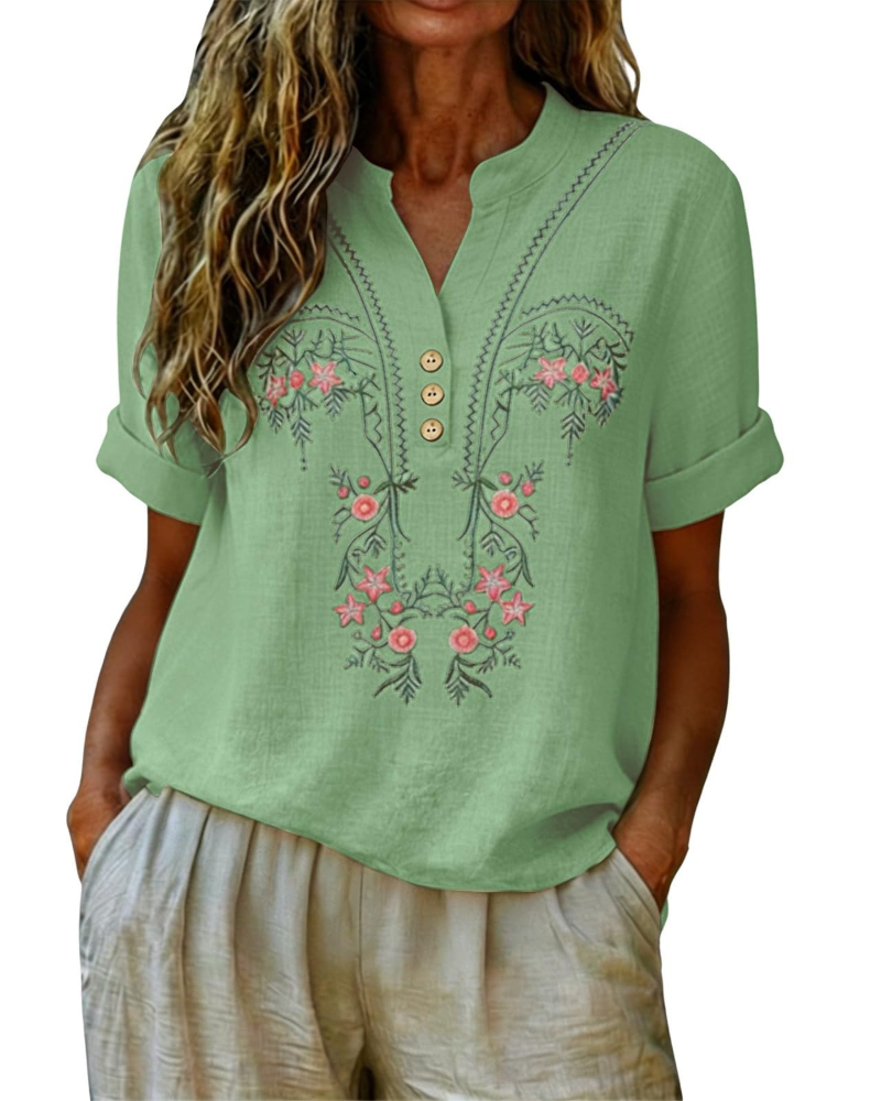 Dallie Damenbluse Sommer – Leinen mit floraler Stickerei, V-Ausschnitt, Knopfleiste