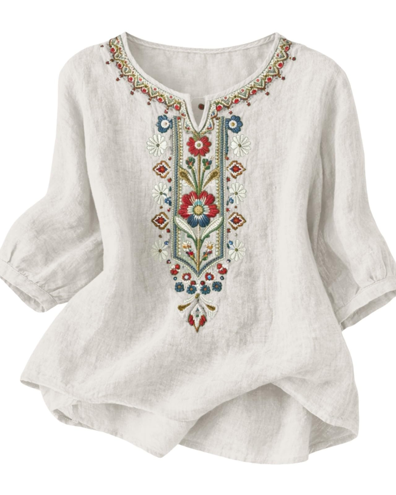 Sarah Bluse Damen Sommer – Leinen Baumwolle Florale Stickerei V-Ausschnitt
