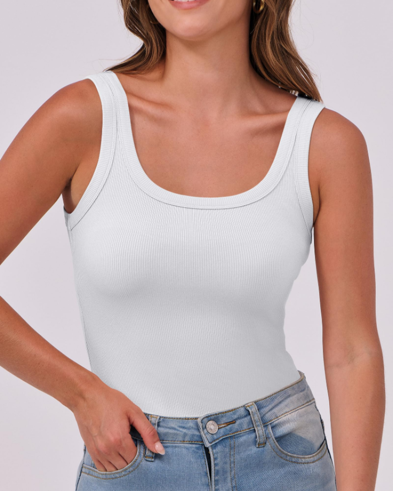 Naomi Dames Ribgebreide Top – Strakke Mouwloze Top met Ronde Hals en Diepe Uitsnijding