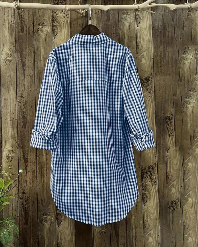 Ženska ljetna bluza Charlotte – karo uzorak, V-izrez, dugih rukava s gumbima
