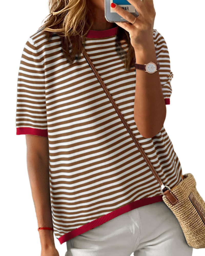 Charlotte Haut Malha Listrada Mulher – T-shirt Gola Redonda Leve com Mangas Curtas