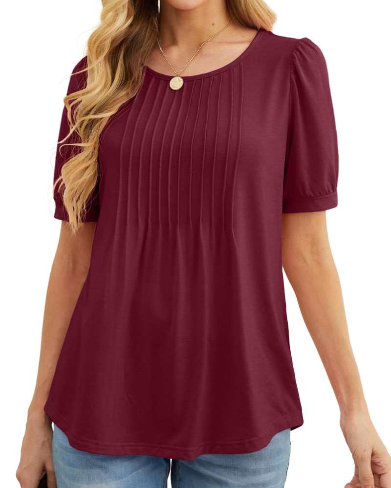 Lena T-Shirt Femme Été – Floral Col Rond Plissé Manches Courtes