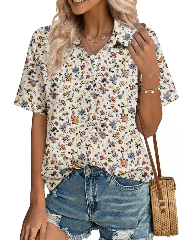Phia Chemisier Femme en Coton-Lin – Blouse Col V Boutonnée à Manches Courtes d’Été