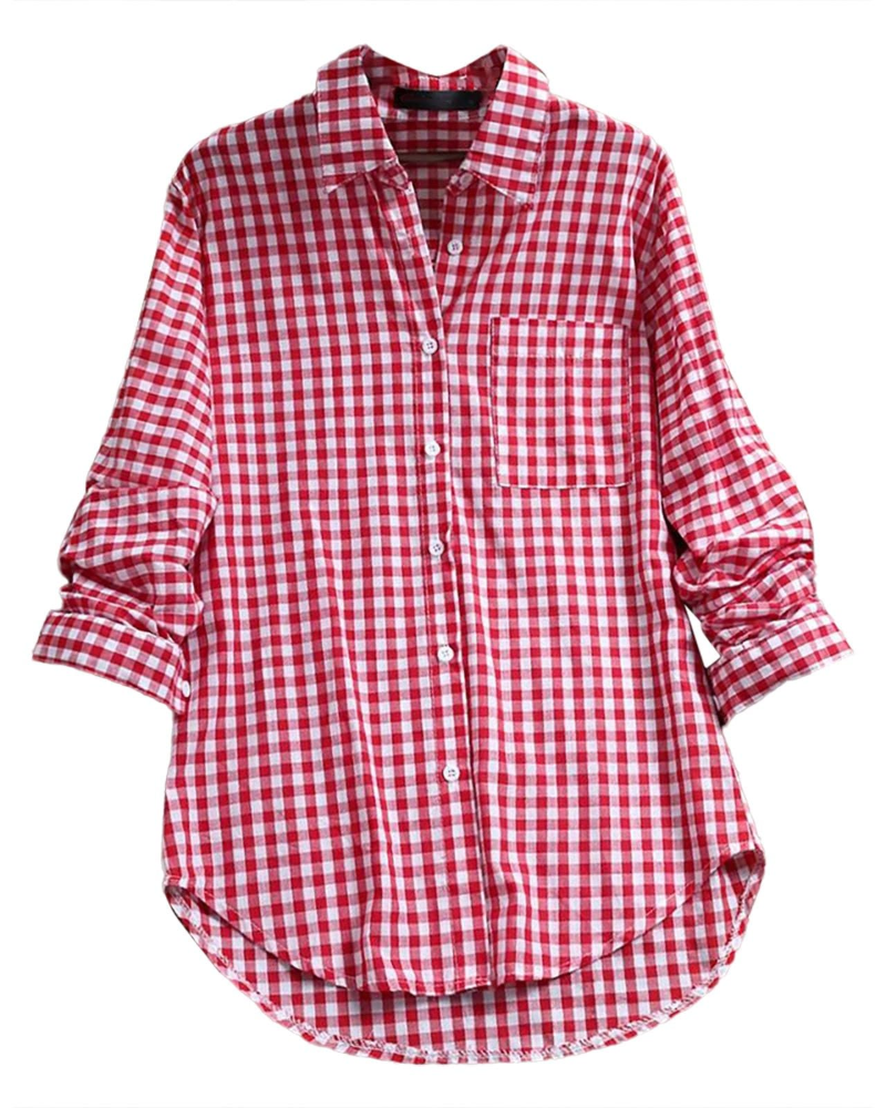 Blusa Charlotte para mujer verano – Cuadros, cuello en V, abotonada, mangas largas