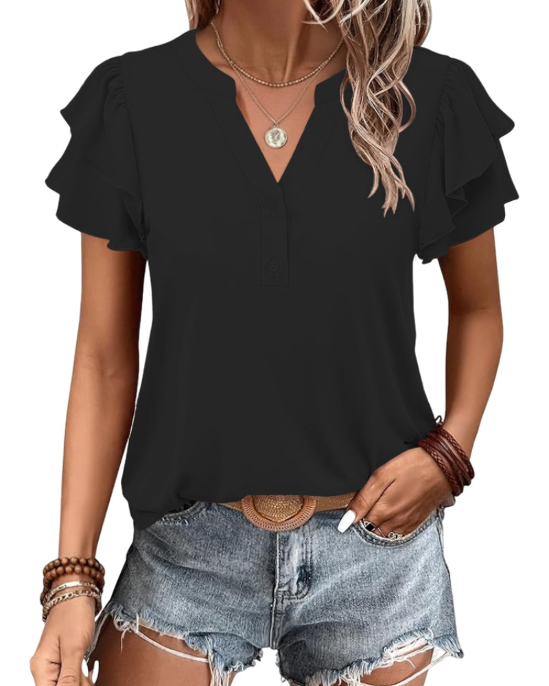 T-shirt Adele Mulher Verão – Decote em V Mangas Curtas Assimétricas