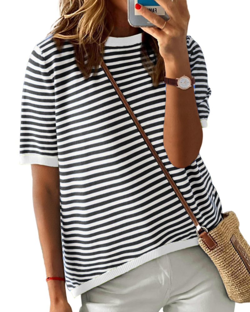 Charlotte Haut Malha Listrada Mulher – T-shirt Gola Redonda Leve com Mangas Curtas