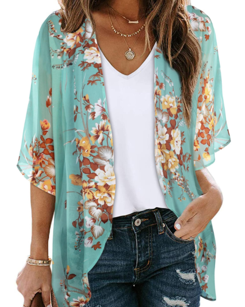 Bianca Kimono Kvinde Boheme – Let Blomstret Vest i Mousseline med 3/4-Ærmer