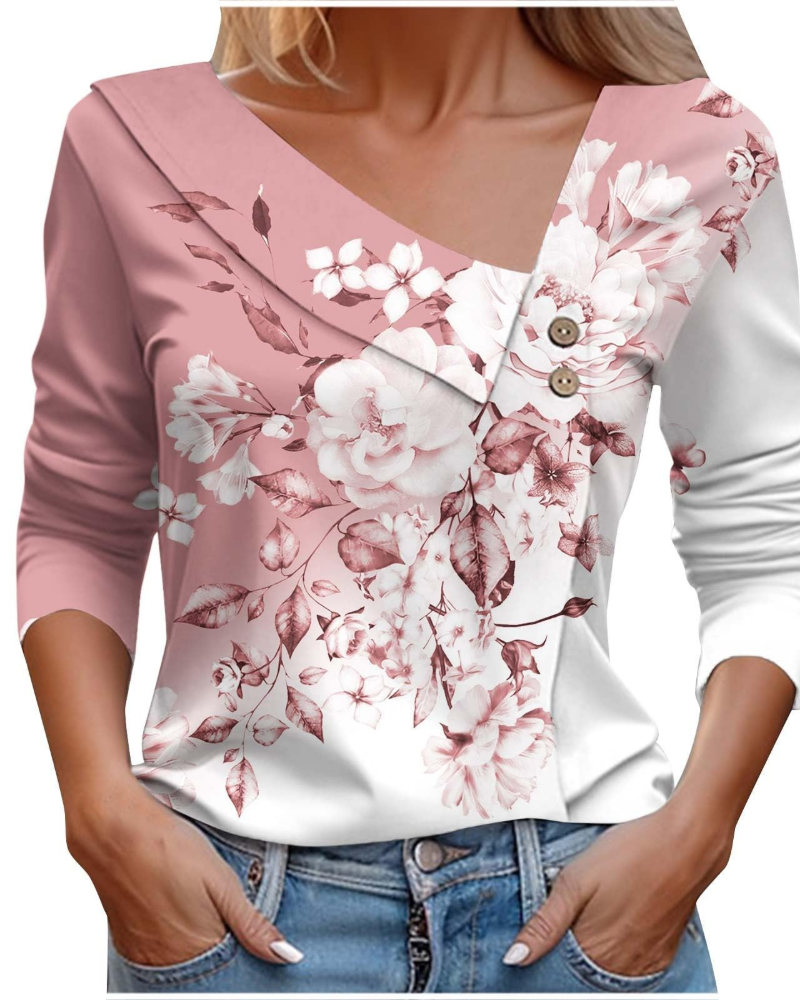 T-shirt estivo donna Emily – Scollo a V con stampa, maniche lunghe leggere