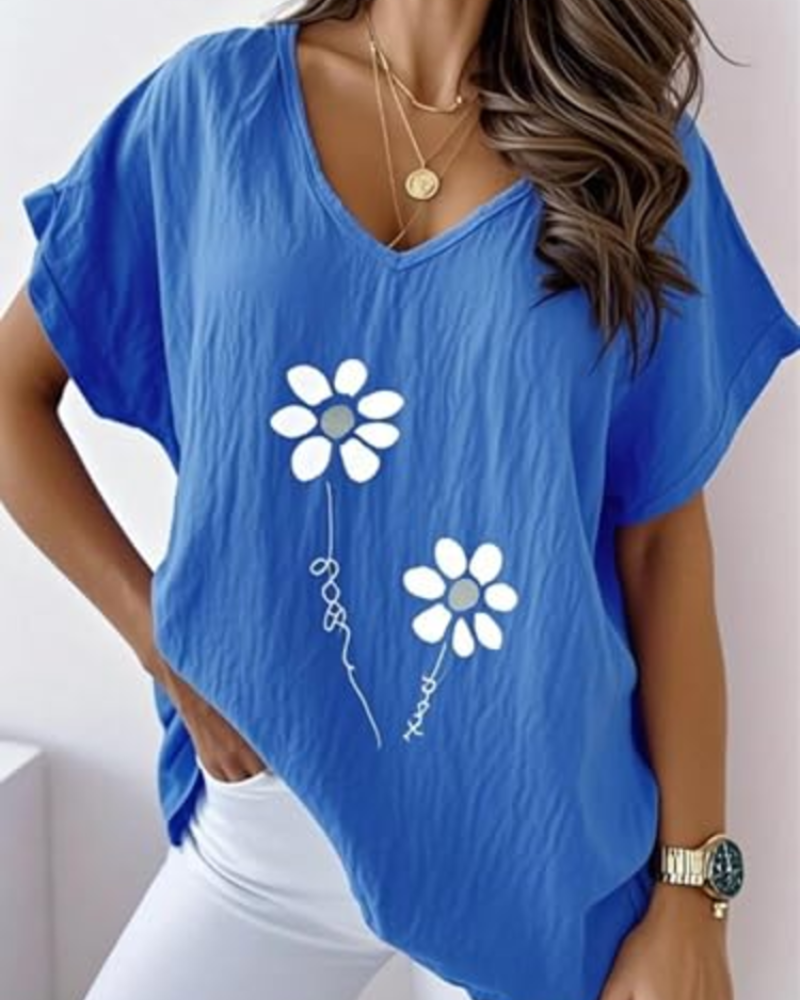 Γυναικείο T-Shirt Daisy Καλοκαίρι – Ζωντανό Ροζ V Λαιμόκοψη με Εκτύπωση Μαργαρίτες