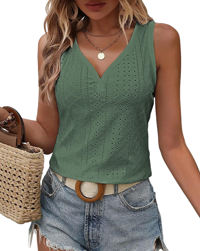 Claire Dames Topje met Borduursel – Mouwloos V-hals Elegant Geperforeerd voor de Zomer