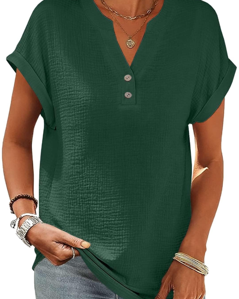 Olivia Bluse Damen Sommer – Leinen Baumwolle V-Ausschnitt Knopfleiste Kurzarm
