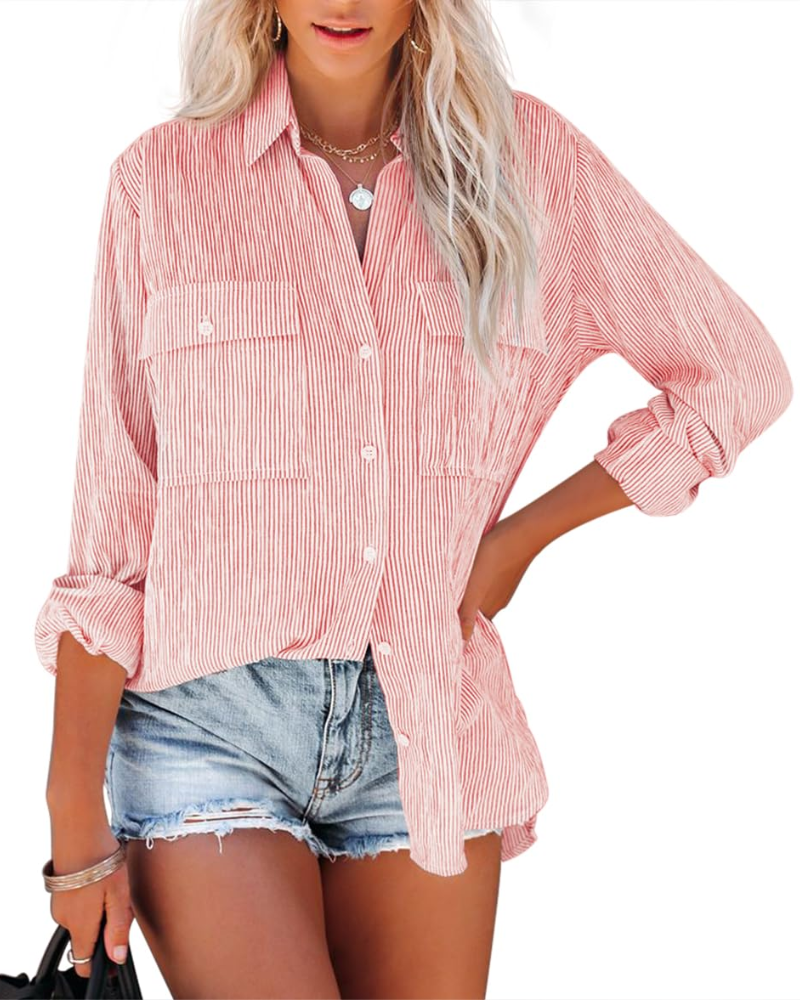 Blusa Mila Donna – Cotone a Righe, Collo a V con Bottoni, Maniche Lunghe