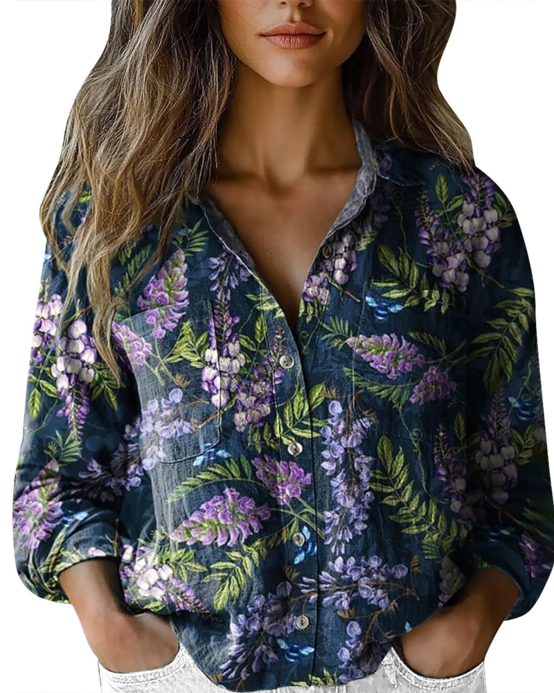 Amelia Bluse til kvinder sommer – blomsterprintet hør med V-hals, knapper og lange ærmer
