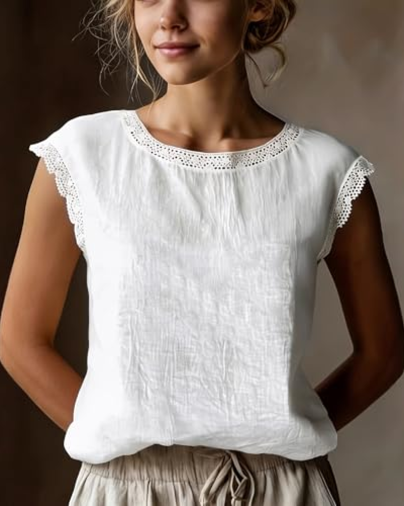 Florabelle Chemisier Femme Effet Lin – Blouse Dentelle Manches Courtes Élégante