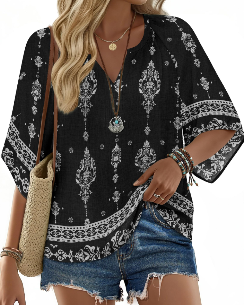 Vivienne Bohemian Women's Shirt – V-Neck Henley Blouse with Floral Print and Flared Sleeves