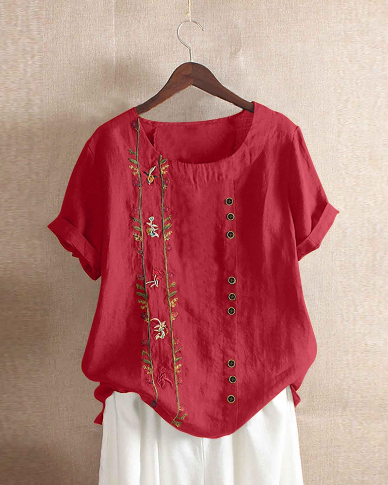 Amelia Chemisier Femme en Lin – Blouse Fleurie Coton & Lin à Manches Courtes