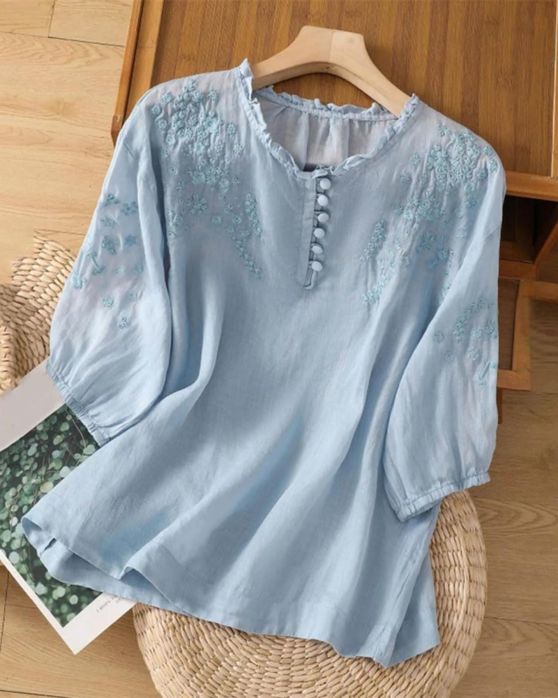 Brightyn boheme bomuldskjorte til kvinder – broderet bluse med 3/4-ærmer