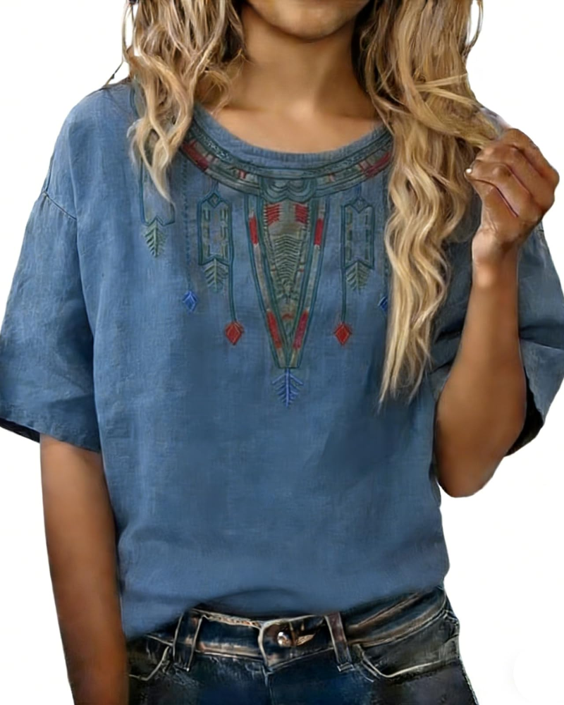 Blusa Sarah Mulher Verão – Linho Algodão Bordado Floral Decote em V