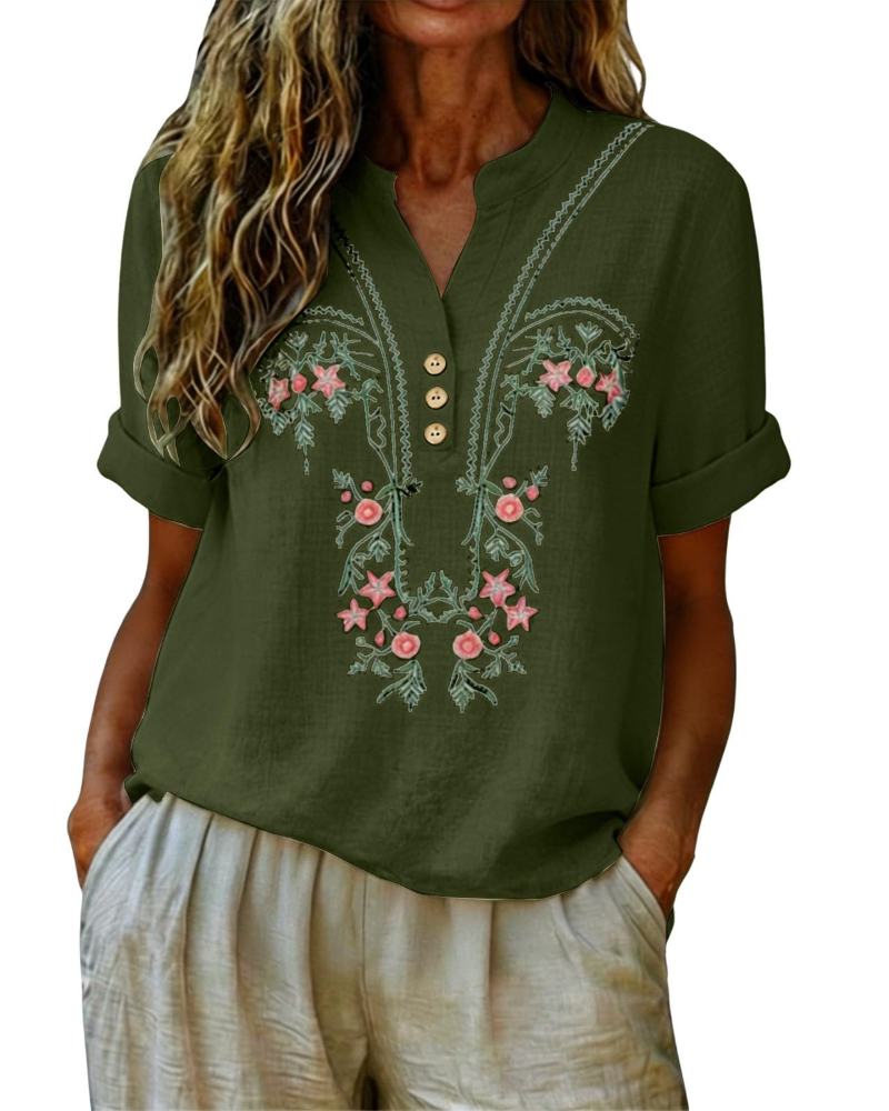 Dallie Damenbluse Sommer – Leinen mit floraler Stickerei, V-Ausschnitt, Knopfleiste