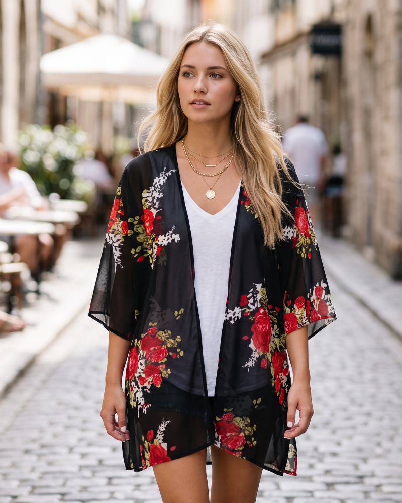 Bianca Kimono Kvinde Boheme – Let Blomstret Vest i Mousseline med 3/4-Ærmer