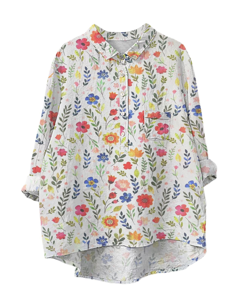 Bluza Amelia pentru femei vară – in bumbac, guler în V, nasturi, mâneci lungi