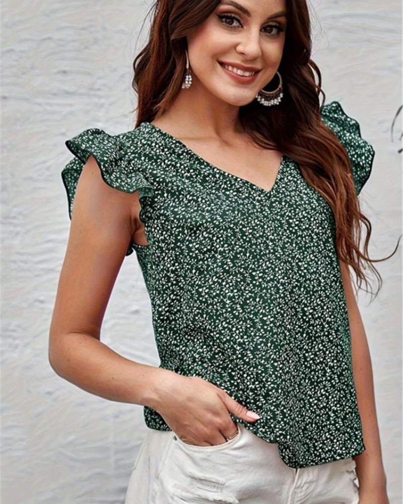 Filomena Damenbluse mit Blumenmuster – Leichte Bluse mit V-Ausschnitt und Volantärmeln