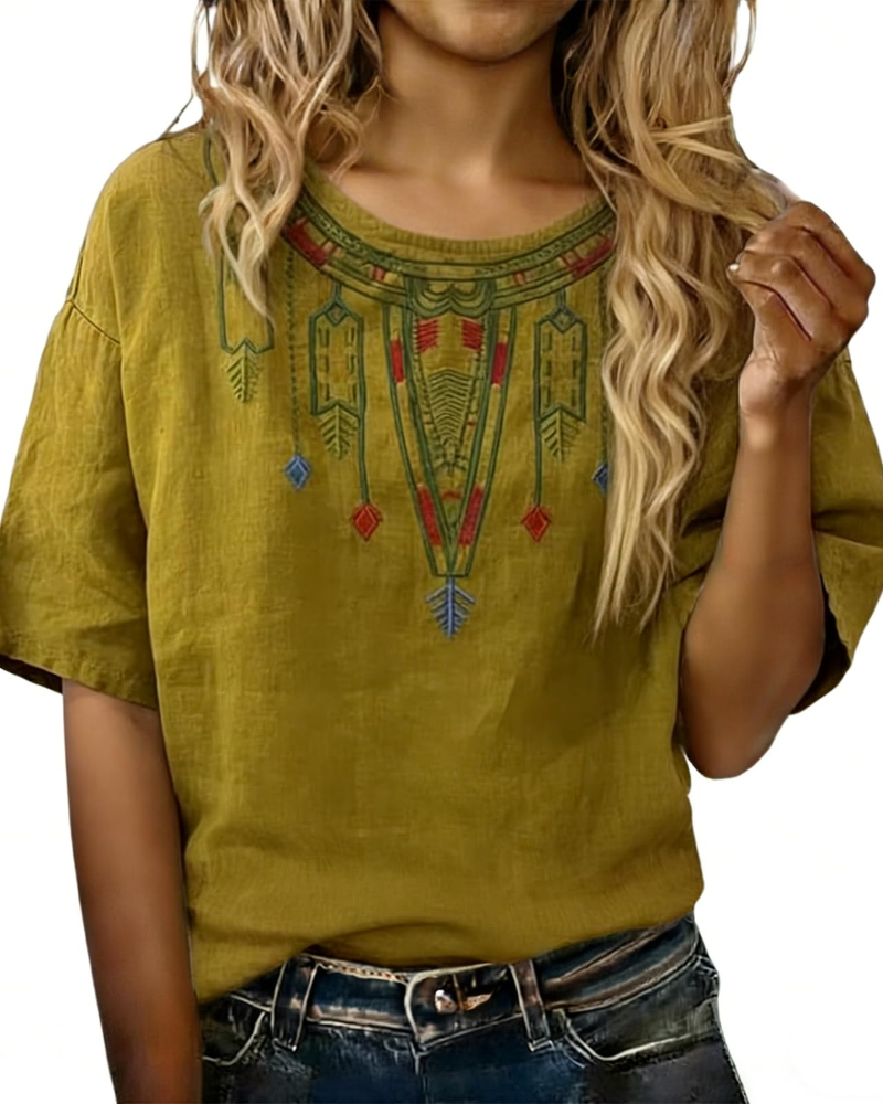 Blusa Sarah Mulher Verão – Linho Algodão Bordado Floral Decote em V