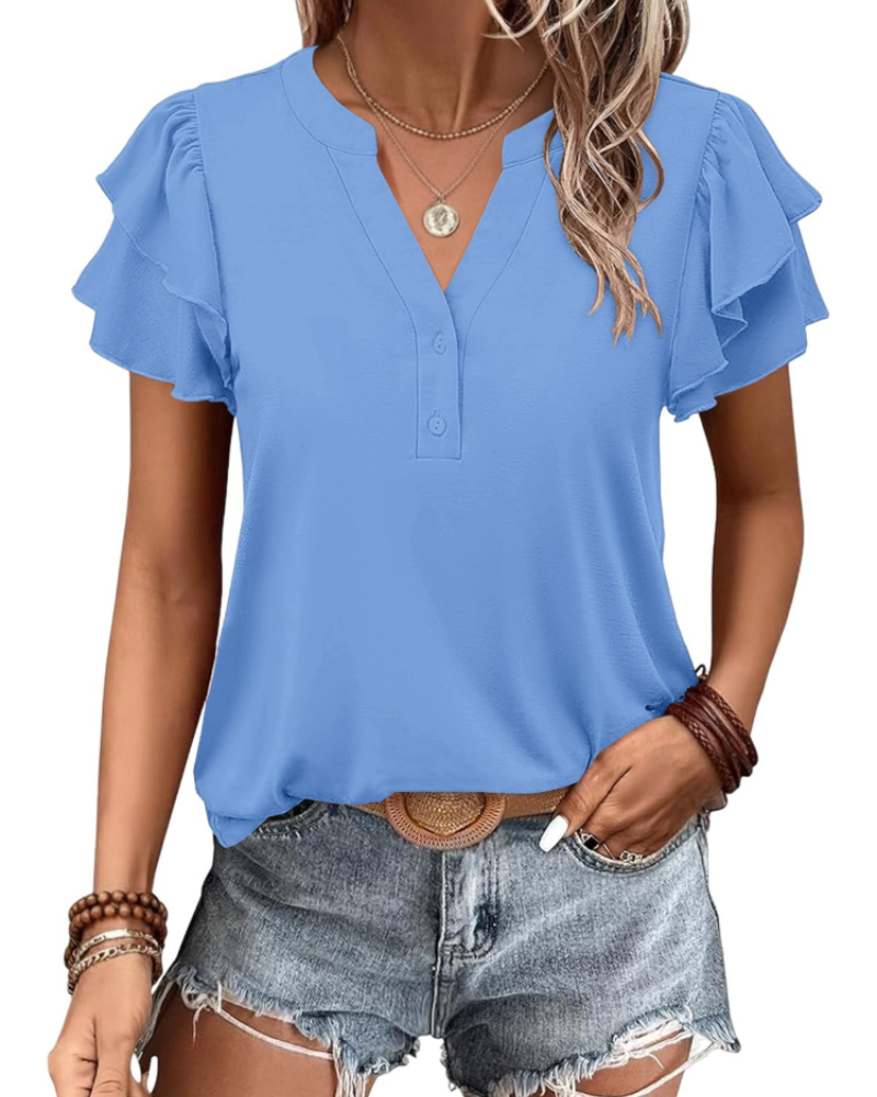 T-shirt Adele Mulher Verão – Decote em V Mangas Curtas Assimétricas