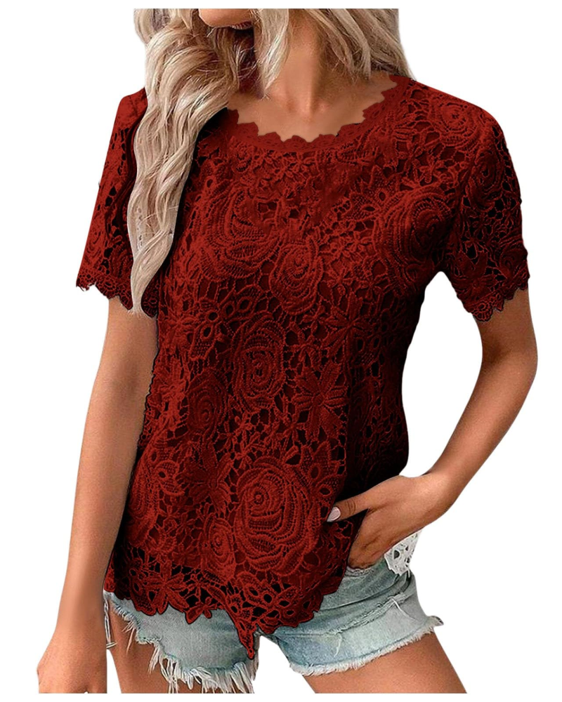 Sophie Bluse Damen Sommer – Spitzen Rundhalsausschnitt Volantärmel