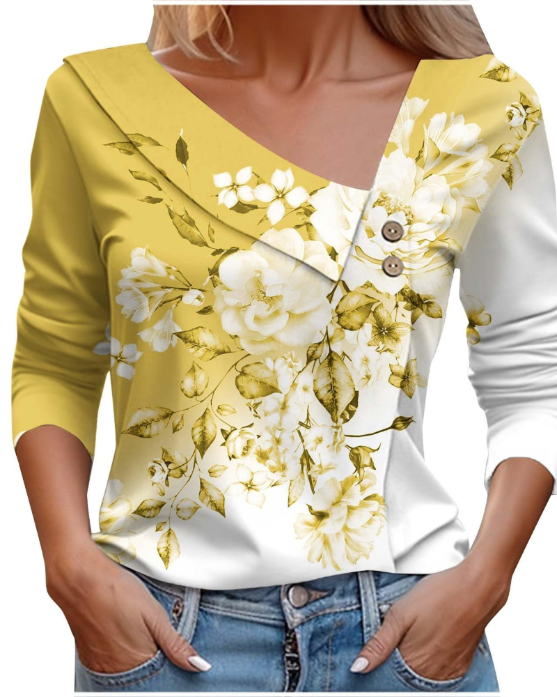 T-shirt estivo donna Emily – Scollo a V con stampa, maniche lunghe leggere