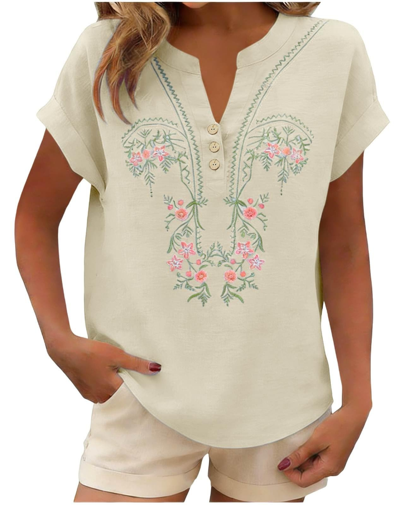 Dallie Damenbluse Sommer – Leinen mit floraler Stickerei, V-Ausschnitt, Knopfleiste
