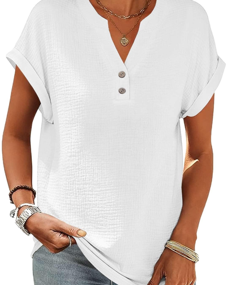 Olivia Bluse Damen Sommer – Leinen Baumwolle V-Ausschnitt Knopfleiste Kurzarm