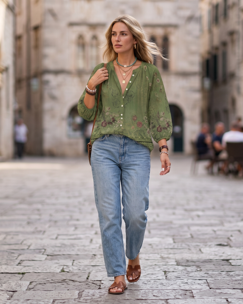 Dámská halenka Natalie s výstřihem do V – elegantní halenka s 3/4 rukávy a knoflíky