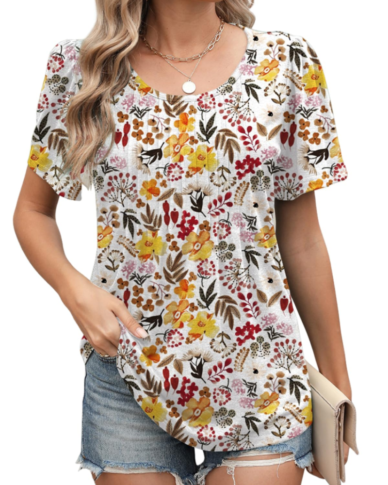 Elena Blouse Femme Été – Florale Manches Courtes Coupe Ample