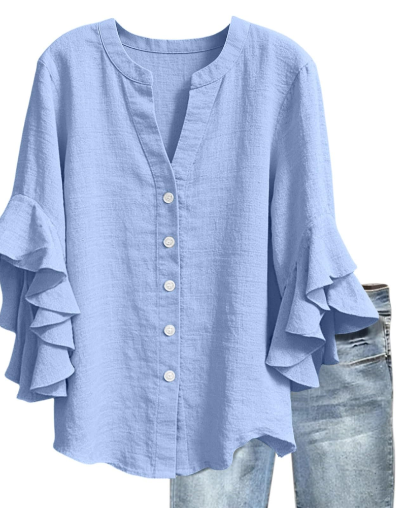 Blusa Megan Donna – Scollo a V Maniche 3/4 con Volant Stampata