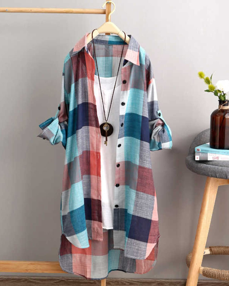 Charlotte Chemise Femme Lin – Carreaux Oversize Manches Longues
