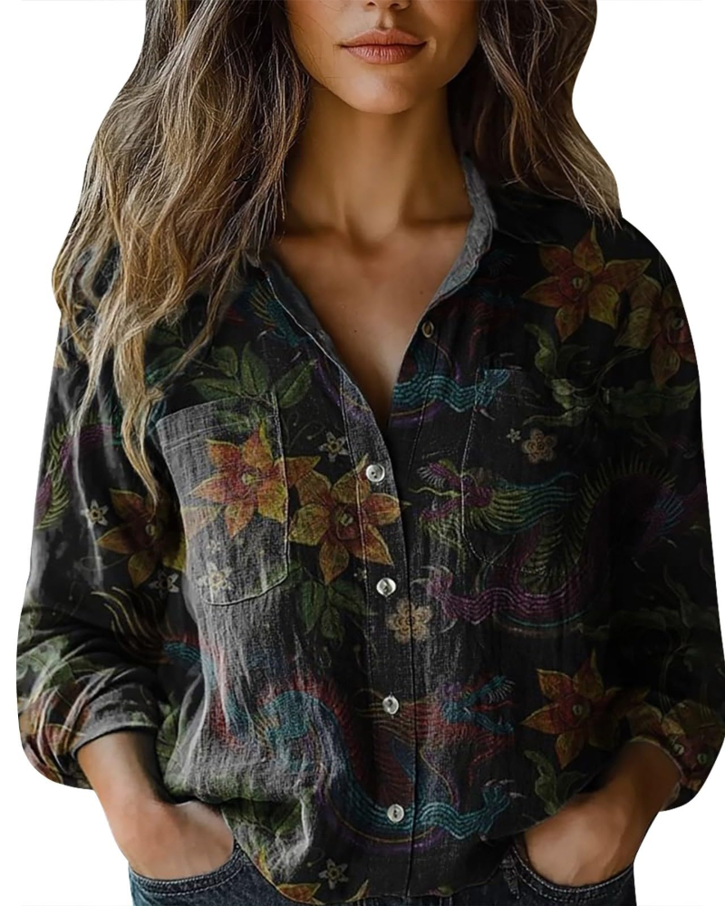 Amelia Bluse til kvinder sommer – blomsterprintet hør med V-hals, knapper og lange ærmer