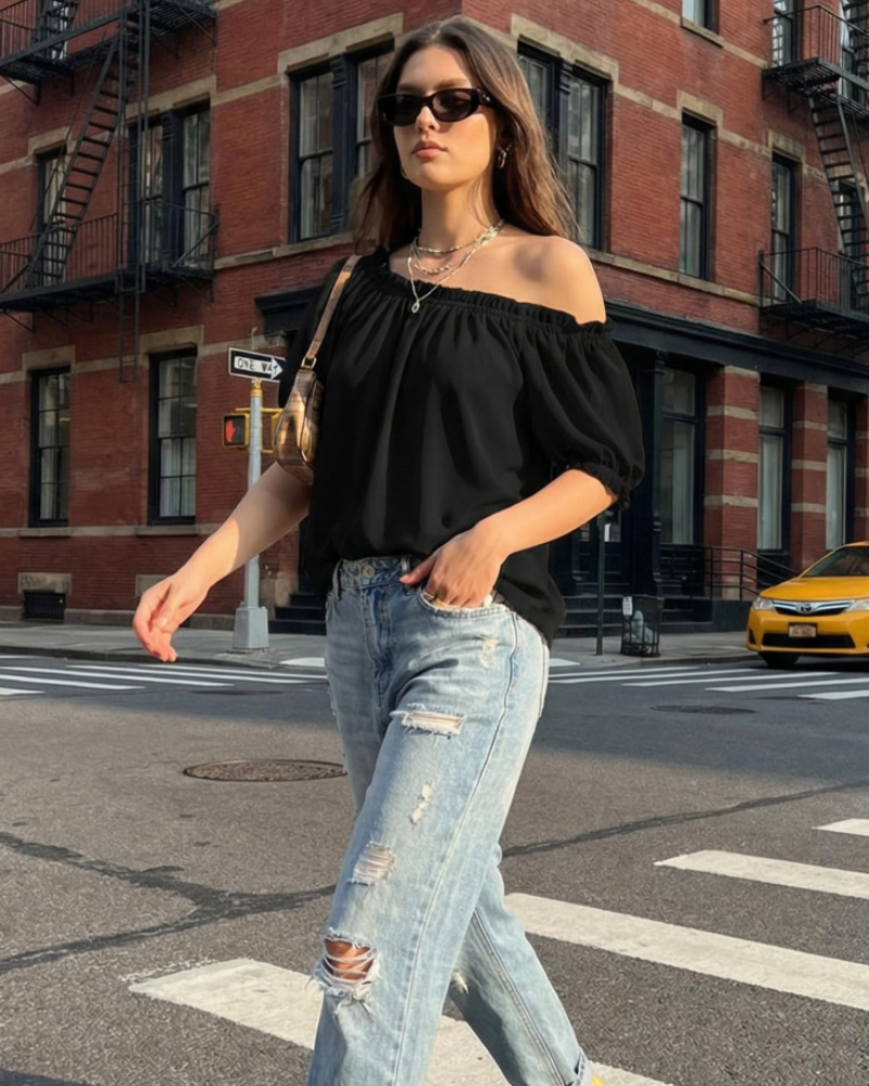 Blusa Sophia para mujer con hombros descubiertos – Top elegante con mangas abullonadas para el verano