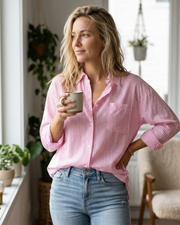 Julie Chemise Femme Rayée – Blouse Coton Col V Boutonnée Élégante Casual