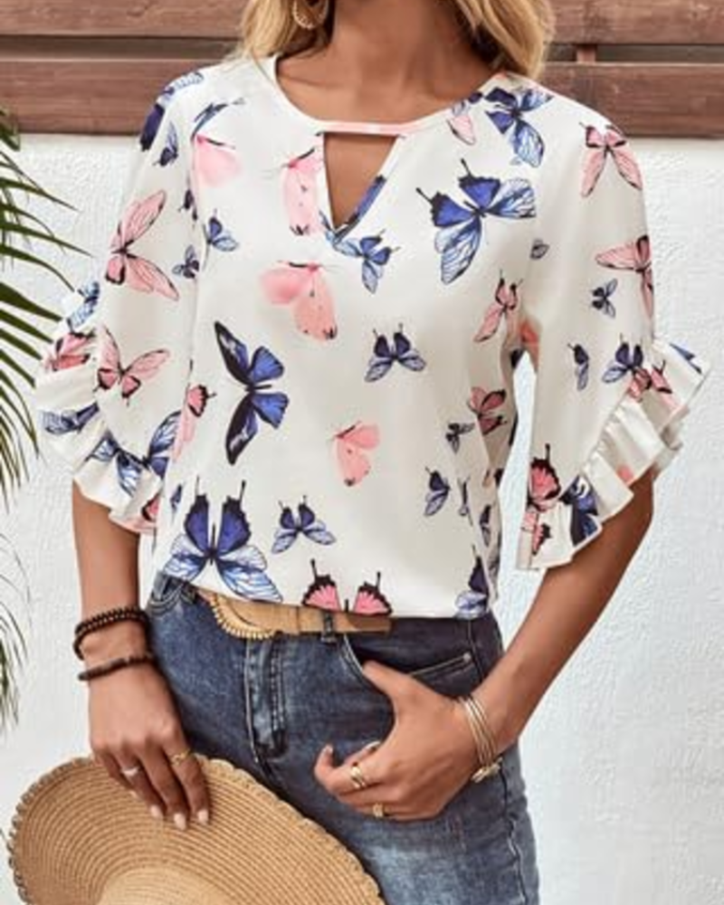 Bhumika Blomstret Kvindebluse – Bluse med Rund Hals, Korte Ærmer, Løs Pasform