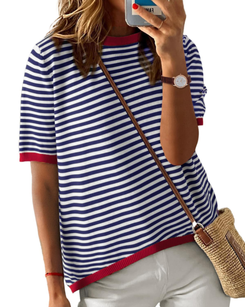 Charlotte Haut Malha Listrada Mulher – T-shirt Gola Redonda Leve com Mangas Curtas