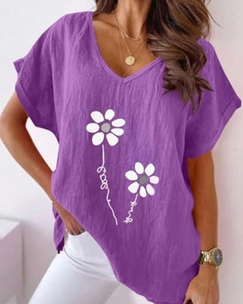 Γυναικείο T-Shirt Daisy Καλοκαίρι – Ζωντανό Ροζ V Λαιμόκοψη με Εκτύπωση Μαργαρίτες