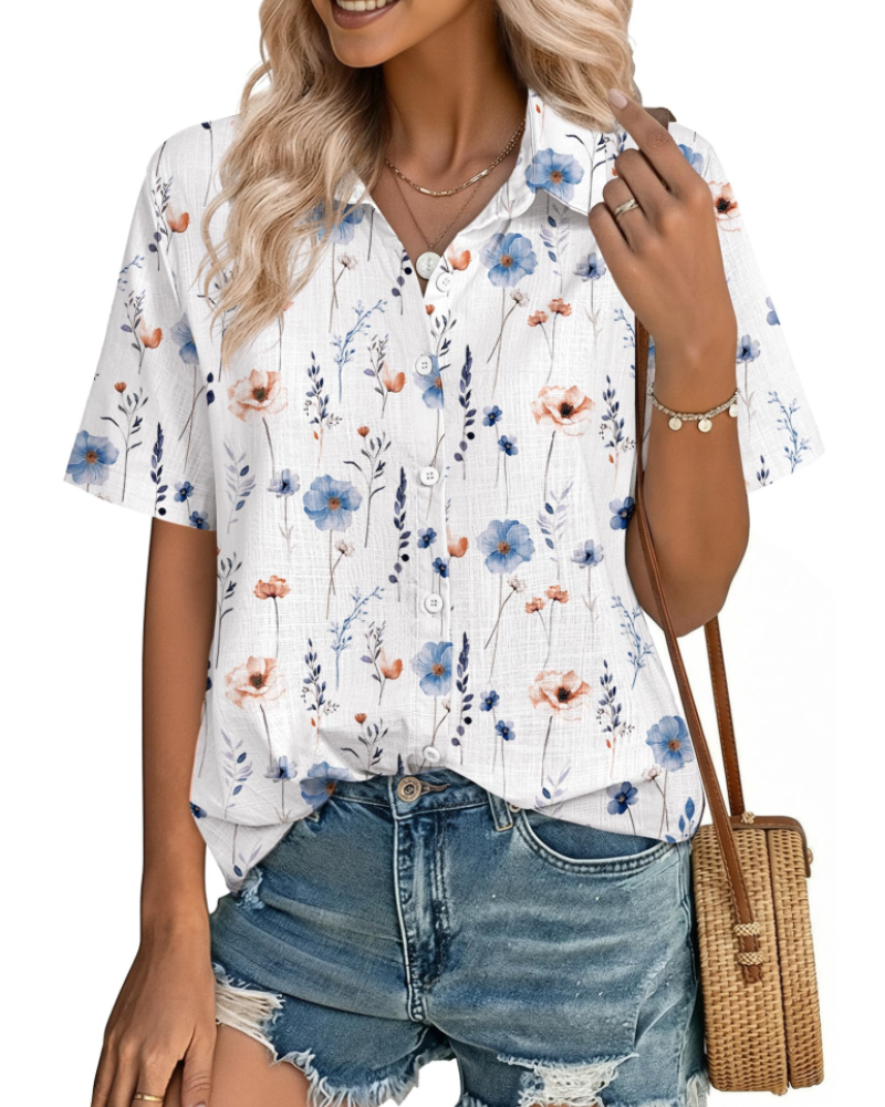 Phia Chemisier Femme en Coton-Lin – Blouse Col V Boutonnée à Manches Courtes d’Été