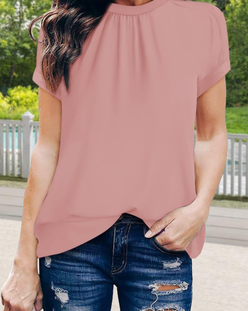 Fynlee Chemisier Plissé Femme – Blouse Mousseline Col Montant Manches Courtes