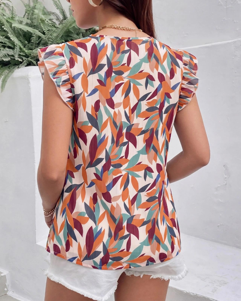 Blusa Loev Mulher Verão – Estampado Folhas Decote V Mangas com Folhos