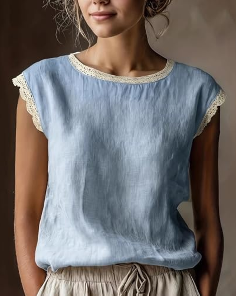Florabelle Chemisier Femme Effet Lin – Blouse Dentelle Manches Courtes Élégante
