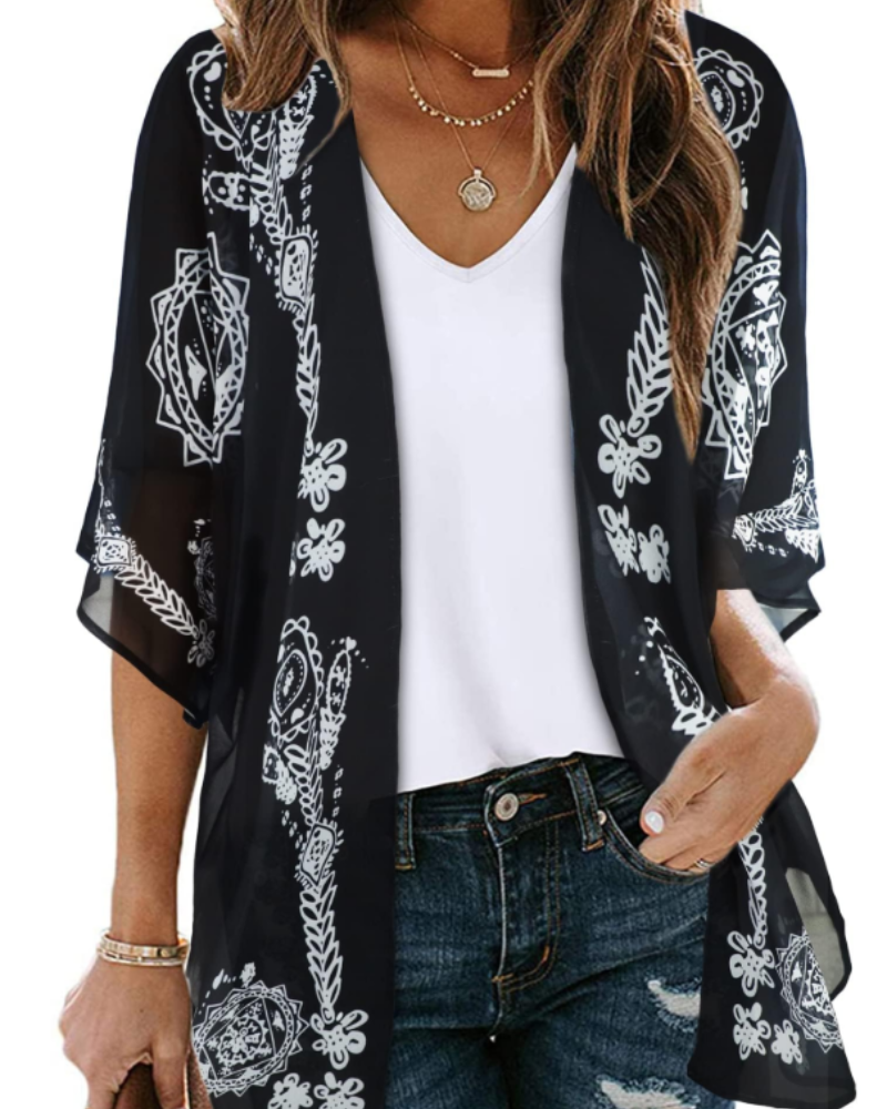 Bianca Kimono Kvinde Boheme – Let Blomstret Vest i Mousseline med 3/4-Ærmer